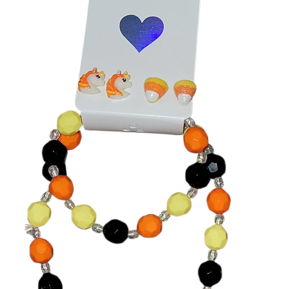 Unicorn Necklace, Braclet, and Earrings with Orange, Yellow, and Black Beads NWT
